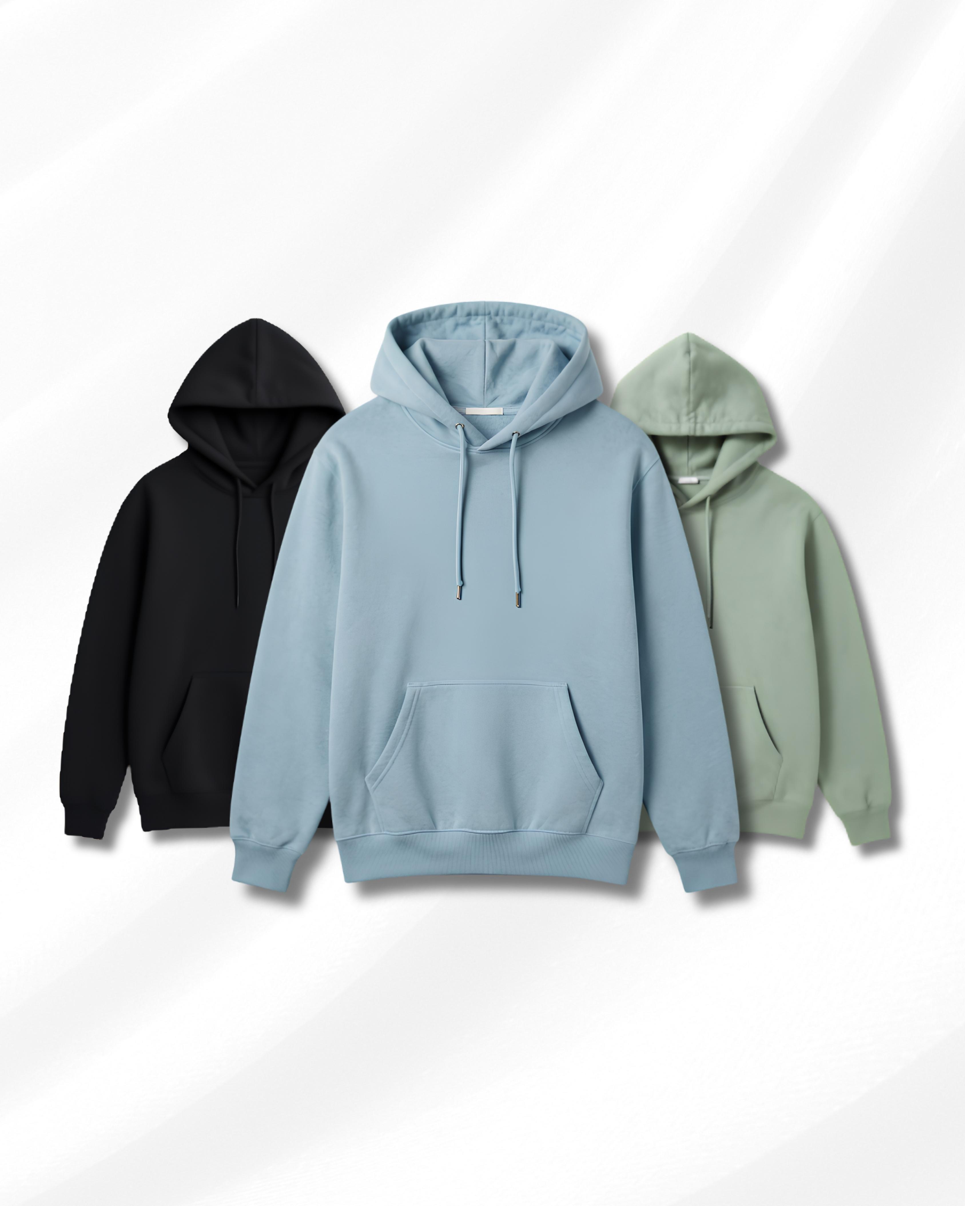 Hoodies in black, blue and sage