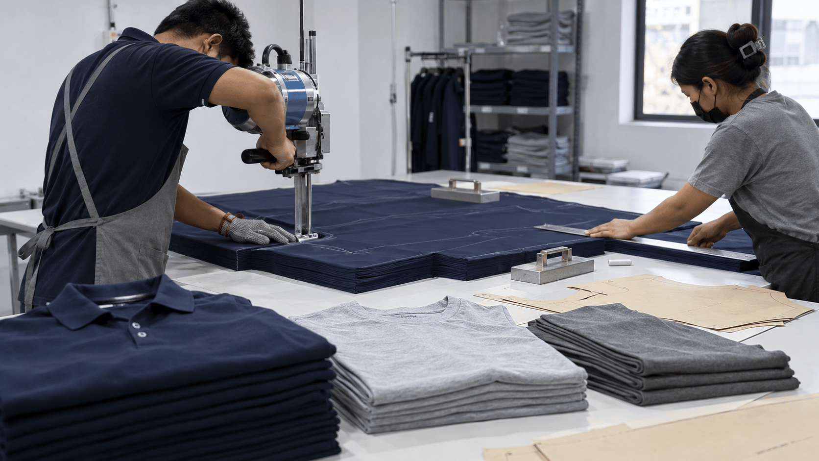 Two garment makers bulk cutting polo and T-shirt fabric on one clean table