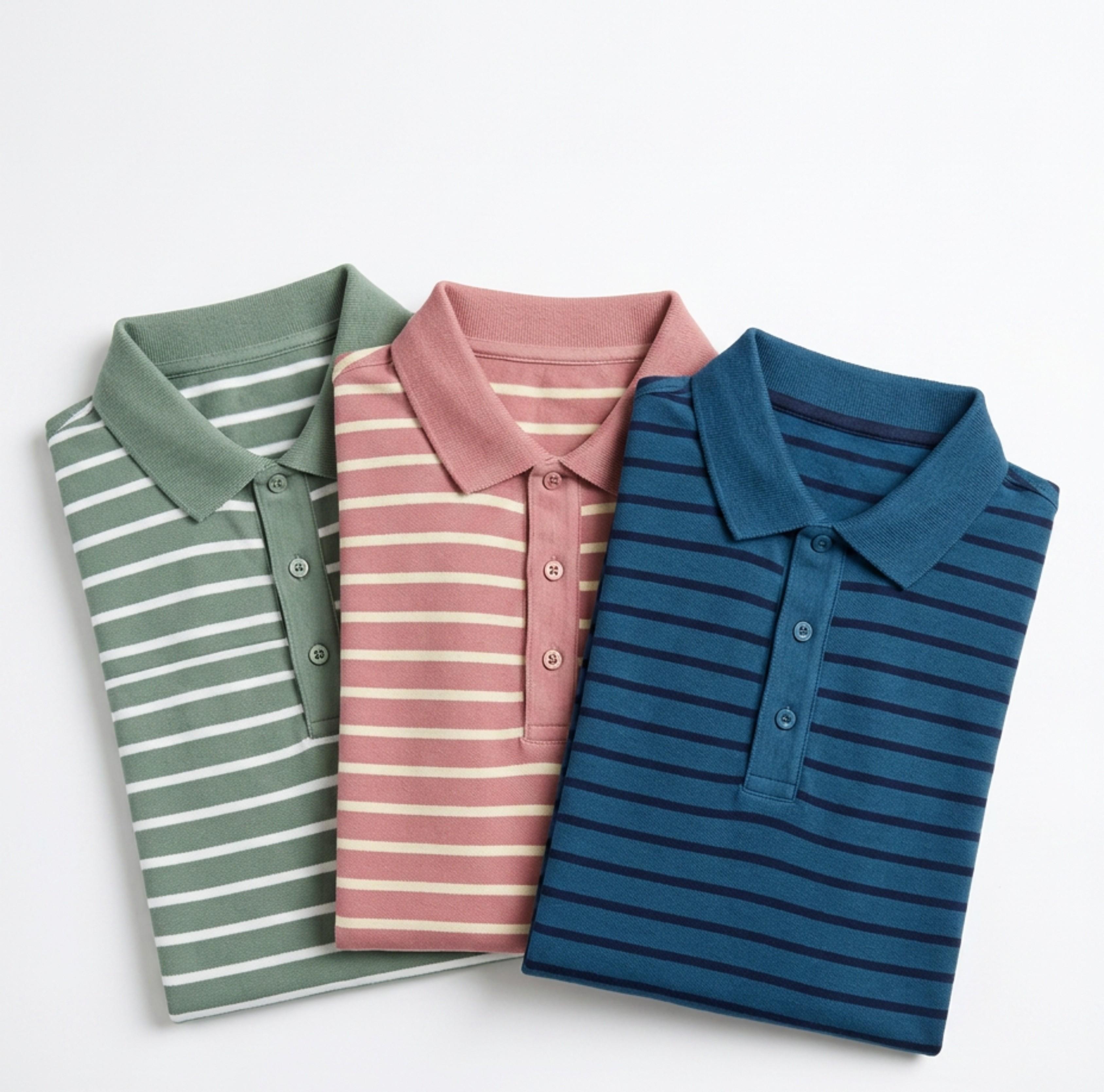 Striped polos in green, pink and blue
