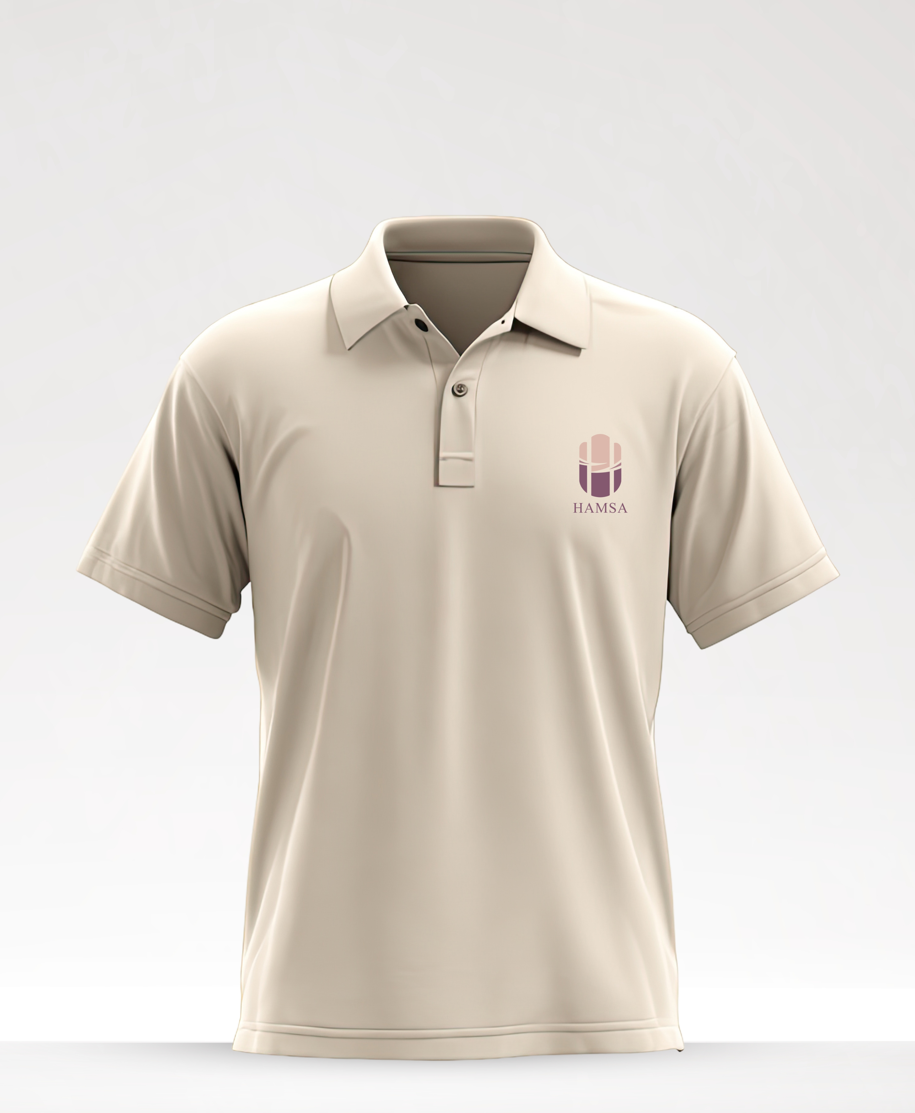 A finished plum Hamsa Wears polo with a custom embroidered logo, folded and ready to ship