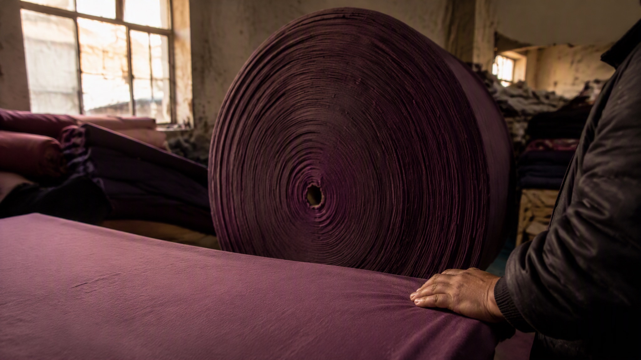 A roll of plum cotton jersey fabric on a spreading table in the Hamsa Wears Kathmandu facility