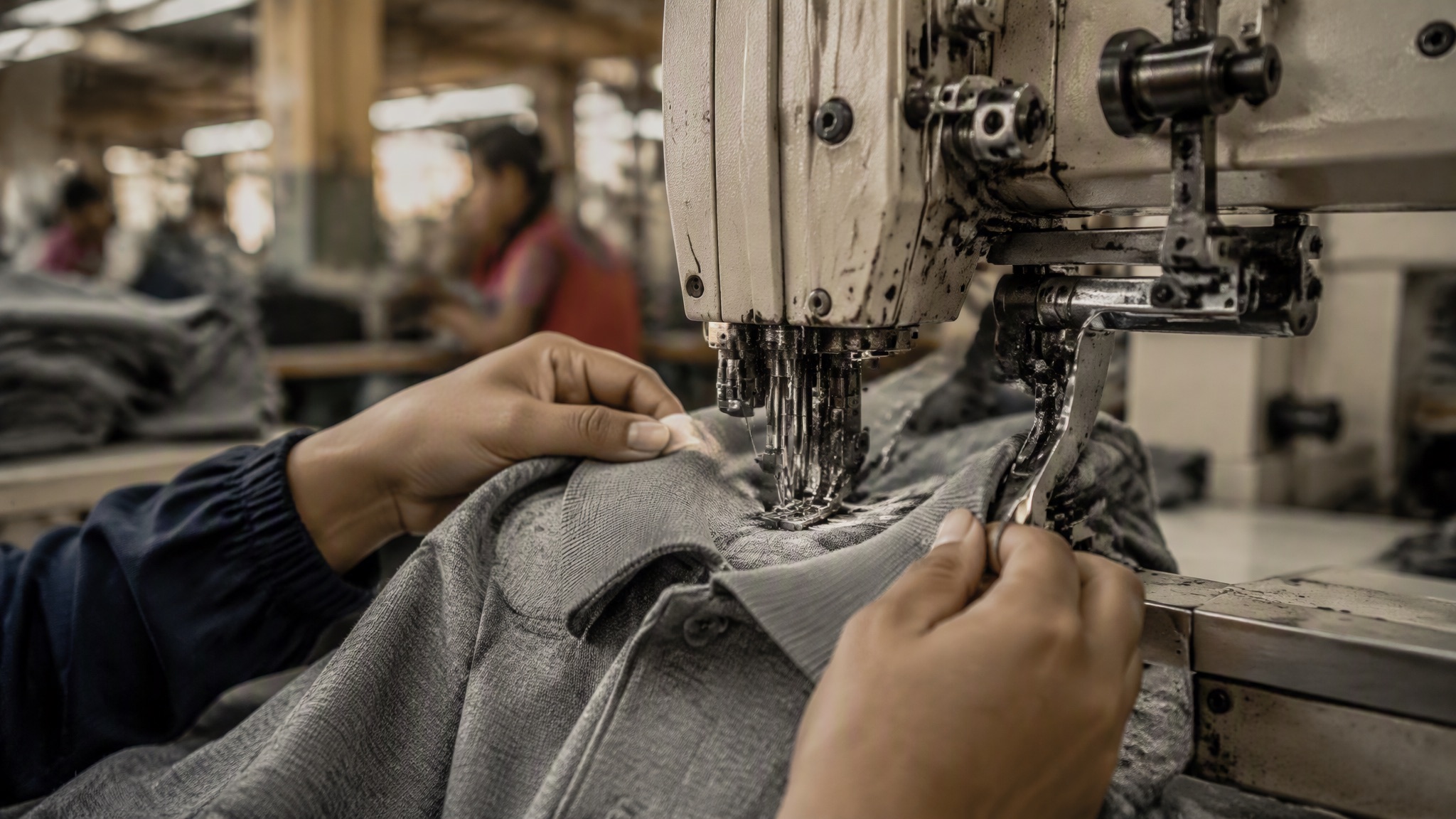 A machinist guiding plum polo panels through an industrial sewing machine at the Hamsa Wears facility